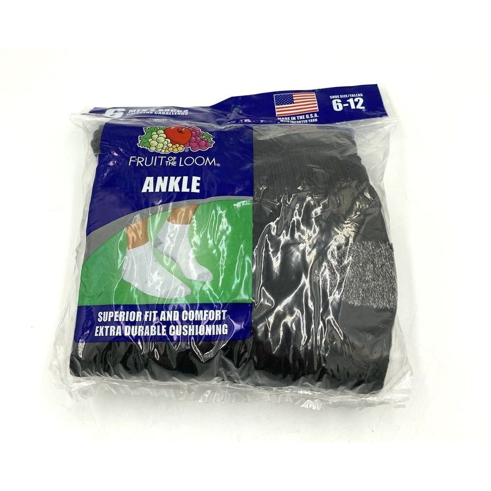 Fruit Of The Look Men's Ankle Socks 6 Pack Black Size 6-12